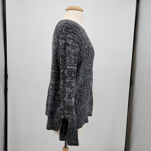 Loft Bow Statement Sleeve Sweater Cotton Round Neck Marled Black Knit Large - Picture 5 of 14